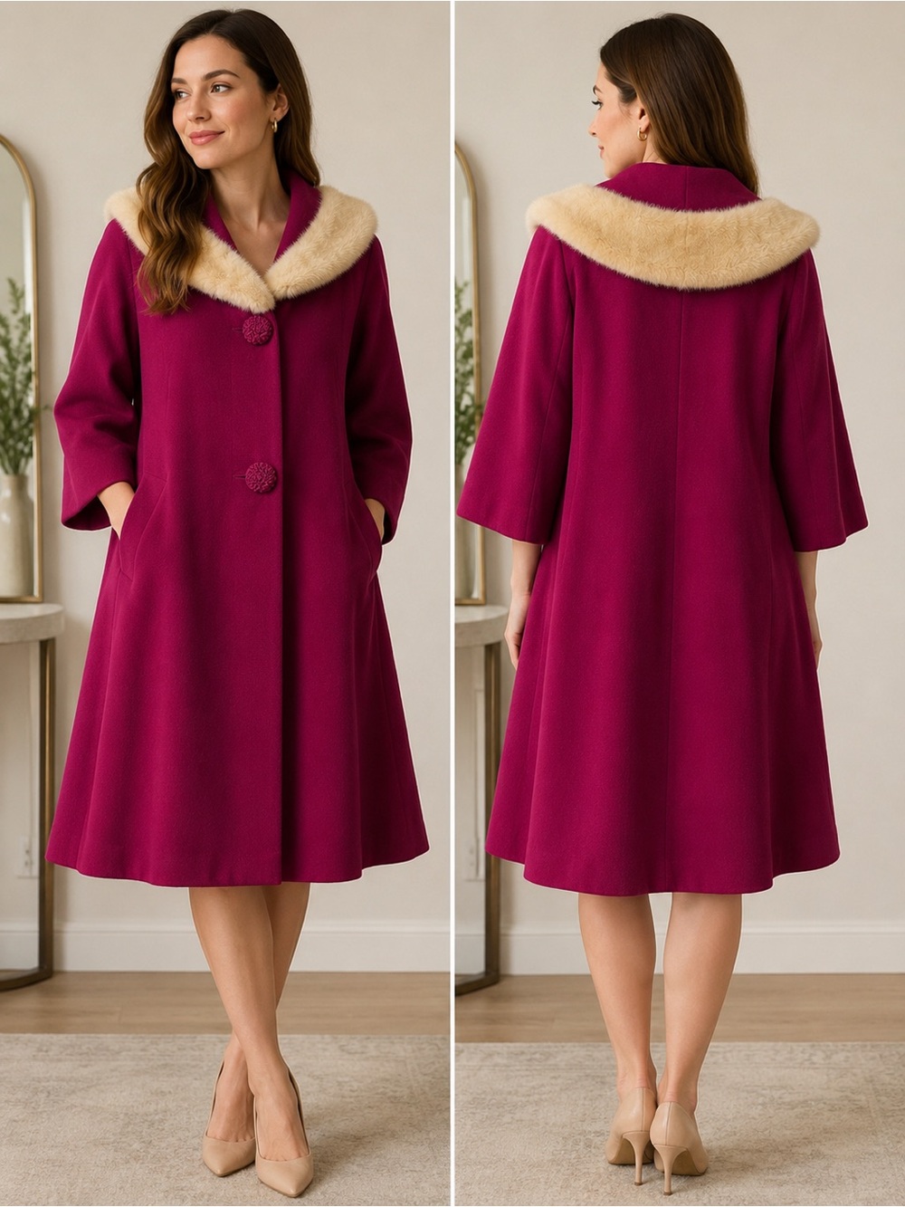Lilli Ann Fuchsia Wool Trench Coat with Cream Fur Collar
